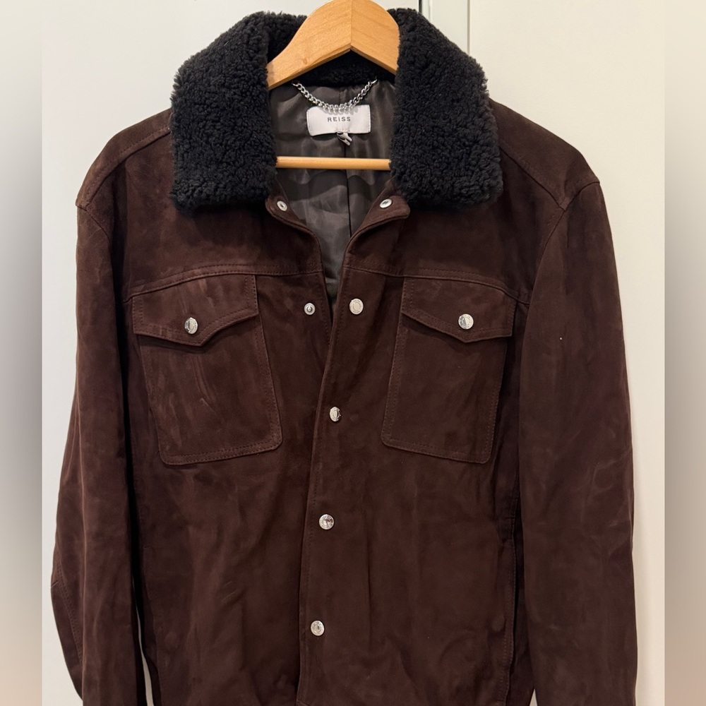 Reiss Dark Brown Suede Jacket with Black Shearling Collar